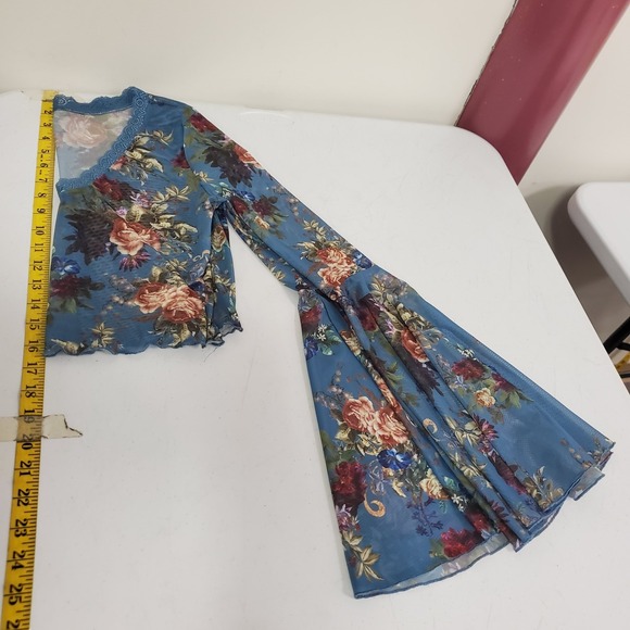 SHEIN Womens Fairy Festival Floral Mesh Bell Sleeve Top Size M Blue Romantic - Picture 10 of 12